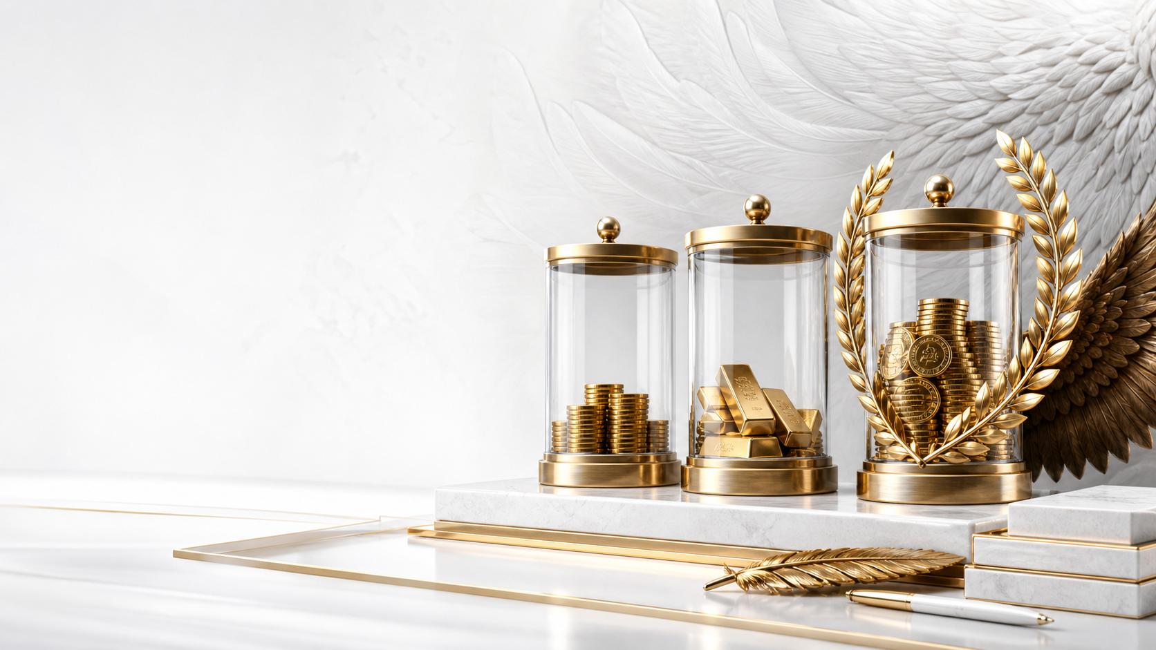 Three gold retirement tax buckets representing tax now, tax later, and tax-advantaged income